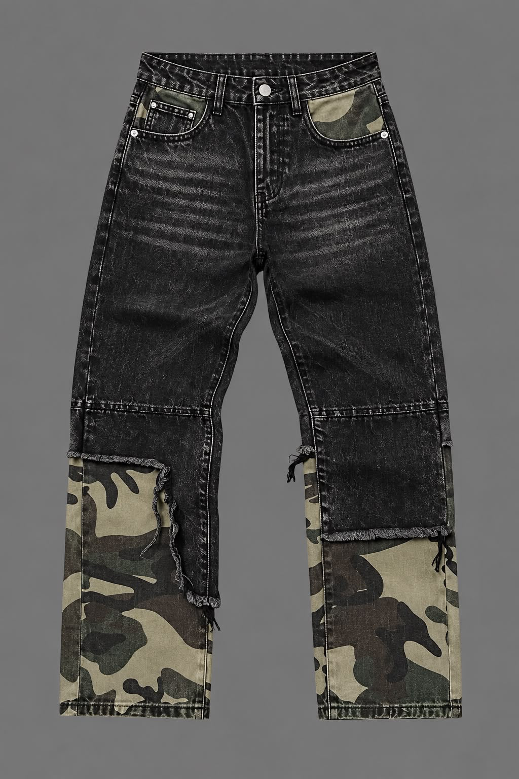 Jeans Denim Bambino a Pannelli con Dettagli Camouflage e Tagli Vivi
